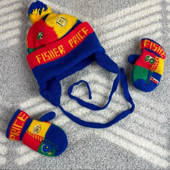 FISHER PRICE Vintage Football Patchwork Ear Flap Pom Pom Beanie and Mittens Set - Picture 1 of 7